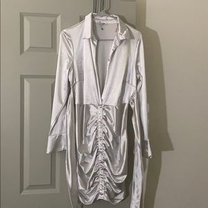 Low cut gray silk dress with tie